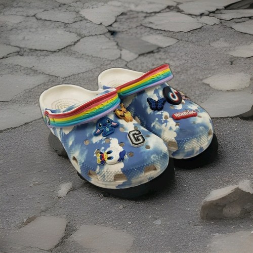 Crocs Classic Out of this World Kid’s Clog Clouds Rainbow C10 Blue Slip On Child