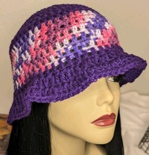 Handmade Crochet Bucket Hat Ruffle Brim Purple Pink White Acrylic Yarn Fashion  