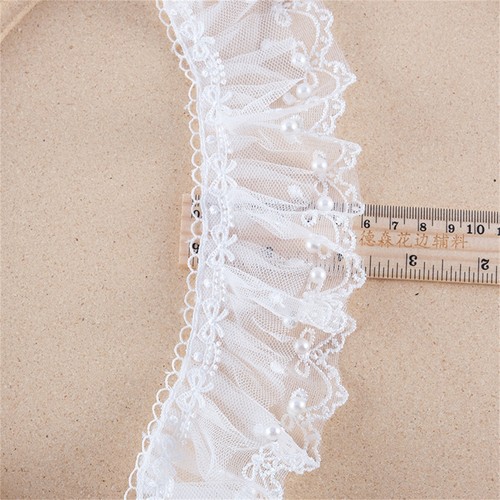 1 Yard Weiß Plissiert Perlenkante Spitzenborte DIY Hochzeitskleid Nähen Handwerk - Picture 4 of 5