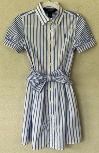 POLO RALPH LAUREN Pinstripe Short Sleeve Striped Belted Dress Youth Girls Sz 7