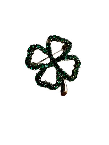 4 Leaf Clover Shamrock Brooch w/Green Rhinestone St. Patrick's Silver Plated 1” - Picture 2 of 2