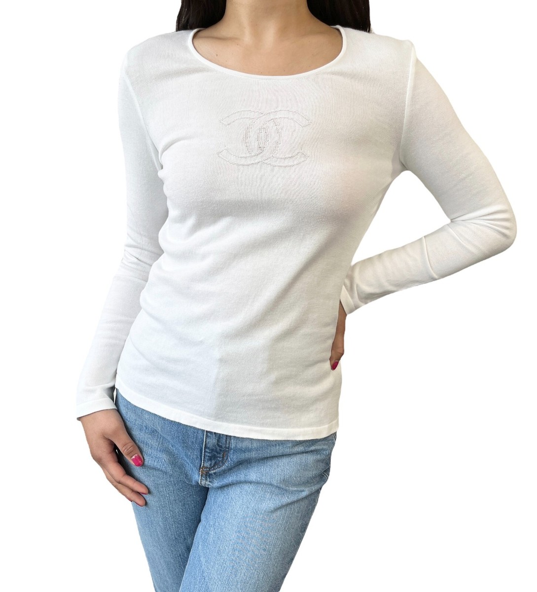 CHANEL Vintage 05C Big CC Logo Knit Top #38 White Long CHANEL Vintage 05C Big CC Logo Knit Top #38 White Long