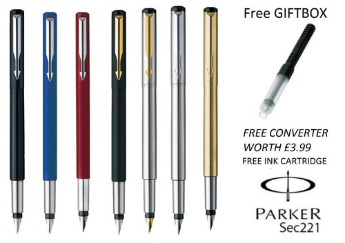 GENIUNE PARKER VECTOR FOUNTAIN PEN BLACK, BLUE, RED, SILVER, GOLD, FREE GIFT BOX