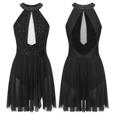 Damen Eiskunstlauf Kleider Glitzer Ballettkleid Neckholder Tanz Trikot Tanzkleid