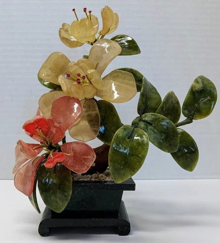 Vintage Chinese Jade Tree Carved Hardstone Flower Carnelian Rose Quartz Agate 9"