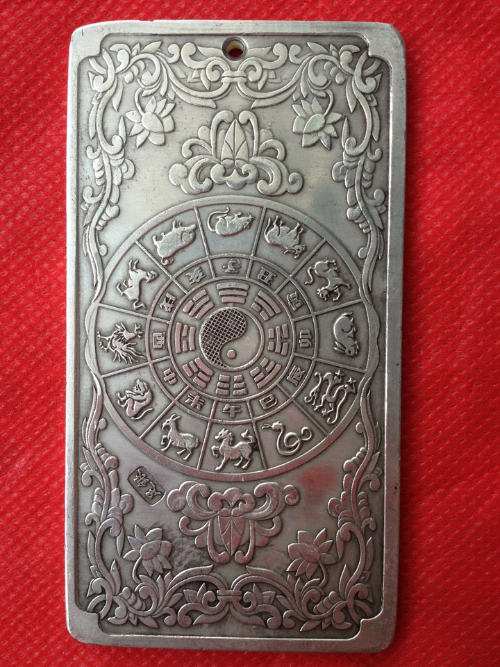 Antiguo zodiaco chino 12 - Oveja Tíbet lingotes de plata Thanka amuleto 136 g Foto 2 de 3