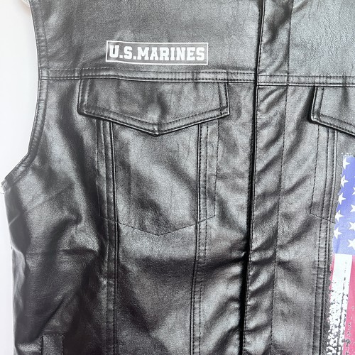 US Marines Mens Black Pleather Faux Leather Vest L Snaps Closure - Picture 5 of 10