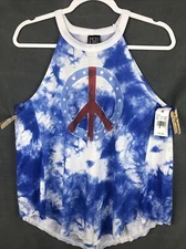 Modern Lux Womens Size Medium Sleeveless Tank Shirt Blue White Peace Graphic