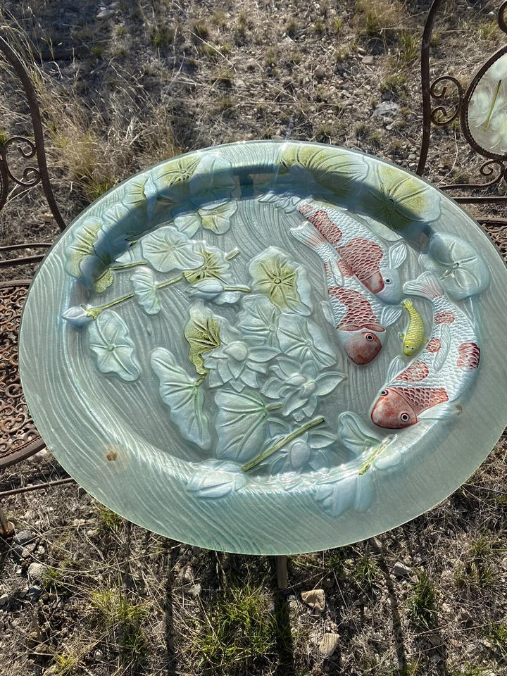 Vintage Wrought Iron Glass Koi Top Table and 2 Lily Pad Glass Tile Folding Chair - Image 3 of 4