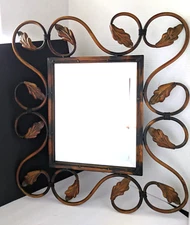 Vintage Intricate Designed Wrought Iron Mirror 20W" x 22 H" Brown Ornate Leaves