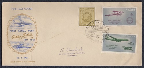 INDIA 1961, First Airmail Flight, FDC Cover locally run, SG 434/36, Mi 320/22
