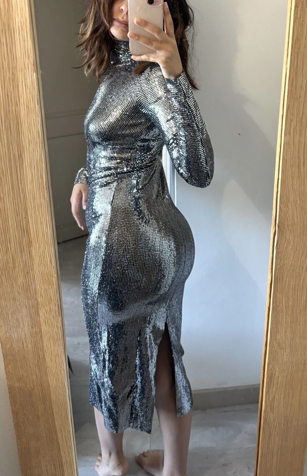 Maje robe longue argentée à sequins T38 neuve - Photo 1/4