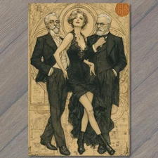 POSTCARD Burlesque Dancer Two Gentlemen Elegant Lace Dress Vintage Sepia Tones