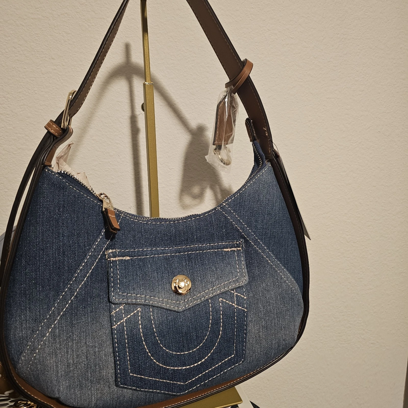 True Religion Denim All Over print Hobo Handbag Shoulder Bag Purse Faux Leather