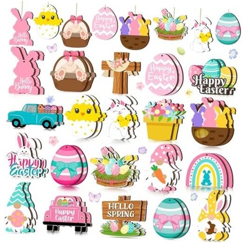 40 Teile Ostern Holzschmuck Osterbaumschmuck Holzhase hängend - Bild 1 von 7