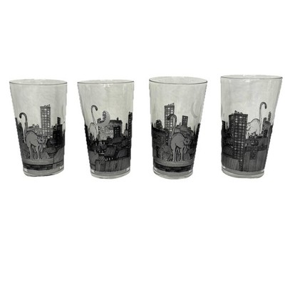 Vintage 4 French Reims Cocktail Drinking Glasses Cat on the Roof Night Skyline 