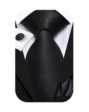Mens 70 inches Tie Set Extra Long Necktie With Cufflinks Handkerchief Black a