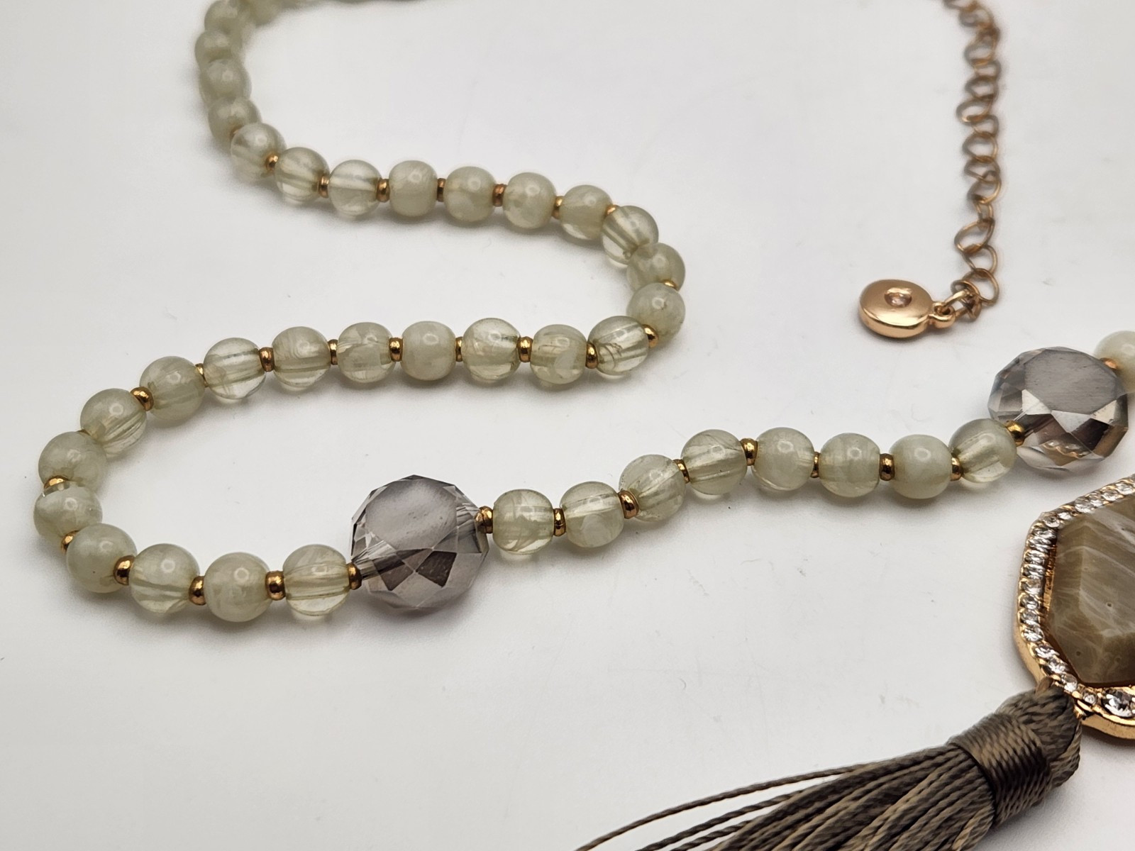 Signed C1946 Agate Stone Bead And Rhinestone Frin… - image 7