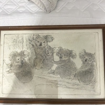 Meya Signed Koala Group Animal Drawing, Framed