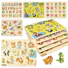 Wooden Peg Puzzle for Toddlers 2-4, 5 Pack Montessori Toys Learning