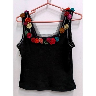 Vintage 90s Cordelia Tank Top Womens XL Black Floral Rosette Ribbed Mesh Fairy
