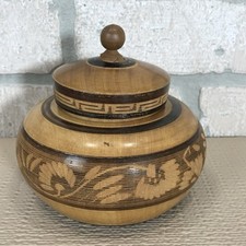 Vintage Hand Turned Hand Carved Round Wood Trinket Bowl w/Lid 4.5" x 4.25"