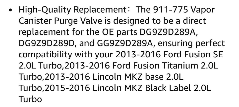 Válvula de purga de bote de vapor 911-775 para Ford Fusion SE 2013-2016/Titanium 2,0 L Foto 2 de 4