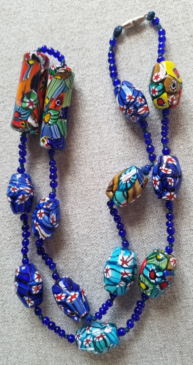Vintage Venetian Glass Necklace Murano  Dark Blue Millefiori Murano Glass Beads
