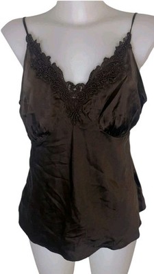 Vtg 90s Womens Chocolate Brown Silk Embroidered Whimsigoth Cami Tank Top Sz XL 