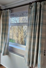Dunelm Duck Egg Check Eyelet Curtains 90x90" Pair Lined Cotton Blend Long Drop