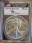 1986 $1 AMERICAN SILVER EAGLE PCGS MS69 JOHN MERCANTI SIGNED FLAG LABEL