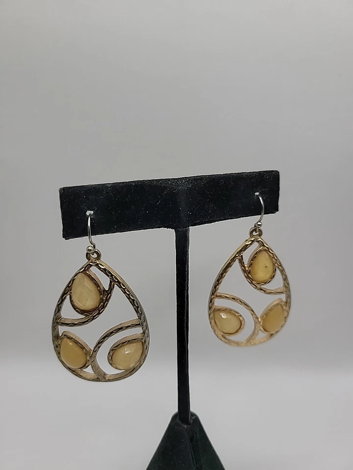 Pendientes Vintage Gancho Perforado Gota Cuelga Lágrima Cristales Amarillos Tono Dorado Foto 4 de 4