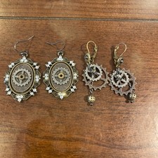 2 Pairs Steampunk Gear Dangle Earrings Antique Bronze, Gold And Silver Tones