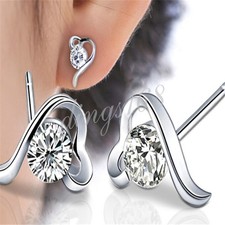 Classic Genuine 925 Sterling Silver Curved Heart Crystal Stud Post Earrings P782