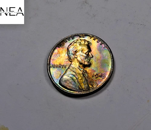 1943 Lincoln Wheat Penny Cent ~ Gem BU Rainbow Toned ~ ZW810
