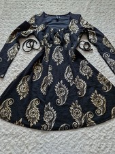 Izabel Black Gold Fit & Flare Dress 10 Tie Waist Party Occasion Sparkly Feather