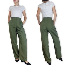 VTG Liz Claiborne 100 Linen Forest Green Pleated Straight-leg Trousers Size 4