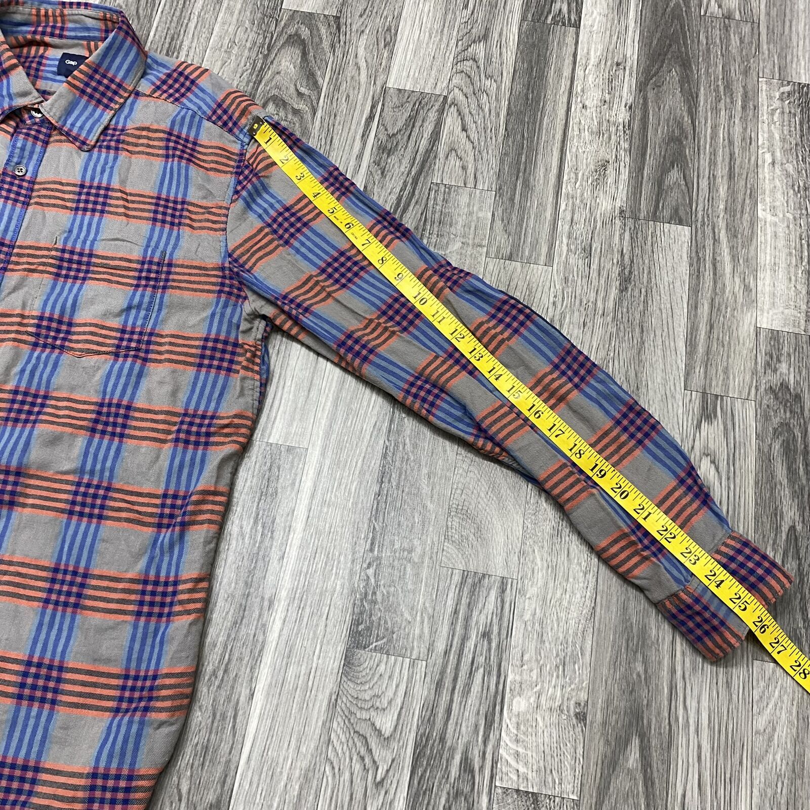 GAP Collared Button Down Patch Sleeve Grey Plaid … - image 4