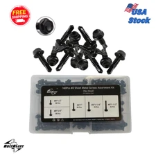 160 Pcs Self-Tapping Screws for Metal, Hex Washer Head, Black Zinc Plated