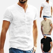 UK Men's Linen Short Sleeve Summer Solid Shirts Casual Loose Dress Soft Tops Tee