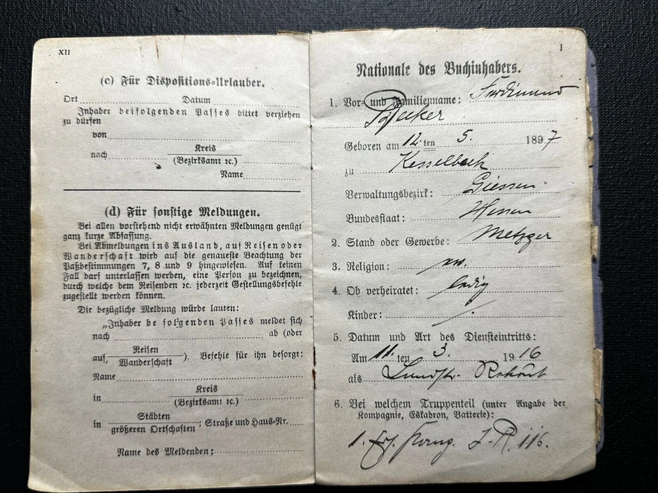 Original WWI Military Pass BECKER Iron Cross East & Westfront Flanders Inf Reg 2 - Image 3 of 4
