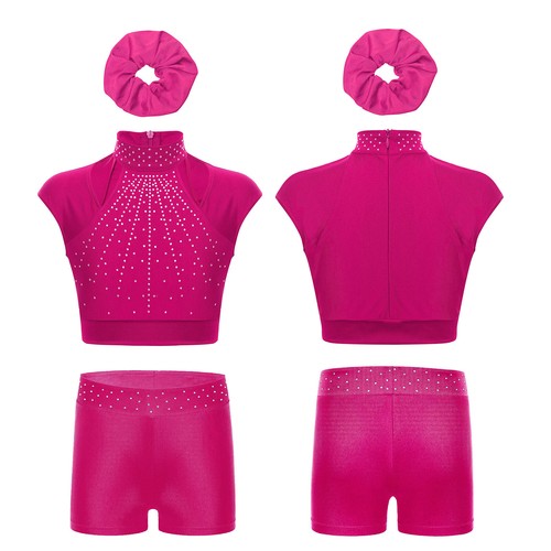 Girls Sets Workout 3Pcs Mock Neck Outfit Cutout Tracksuit Competition Shiny - Picture 25 of 48