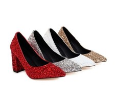 Glitter Womens Sequins Pointed Toe High Block Heel Slip On Pumps Wedding Shoes