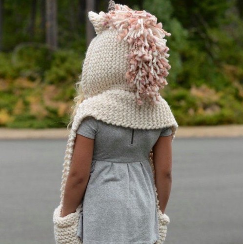 Cat & Jack Kids Unicorn Hood Scarf Pockets - Pink & Cream Knit costume play NWT - Picture 3 of 3