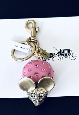 Coach Pink Crystal Mouse Brass Bag Charm Keychain Fob CAX70