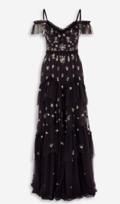 Needle & Thread GOWN ladies maxi dress UK4 US0 black tulle boho embroidered