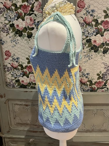 Gorgeous Hand Made Crocheted Top Size 10 Cotton Blue Yellow Aztec Hippy Boho - Picture 2 of 3