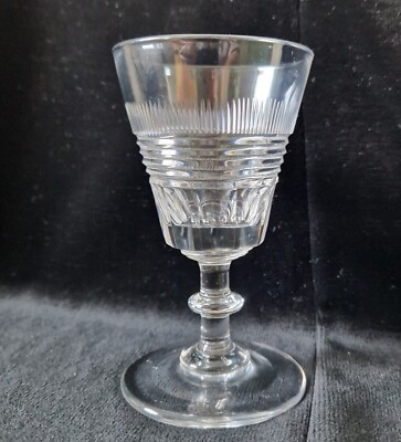 Early 19th C. Wine Glass Slice Blaze & Prism Cut Bowl Medial Blade Knop Stem VGC