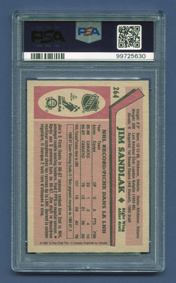 1987 JIM SANDLAK ROOKIE PSA 10 GEM-MT O-PEE-CHEE VANCOUVER CANUCKS (#264) RZC - Image 2 of 3