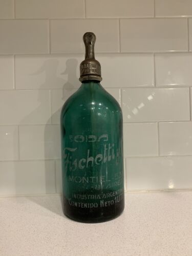 Botella de soda azul/verde Fischetti Seltzer vidrio grabado alrededor de 1940 Coca-Cola - Imagen 1 de 16